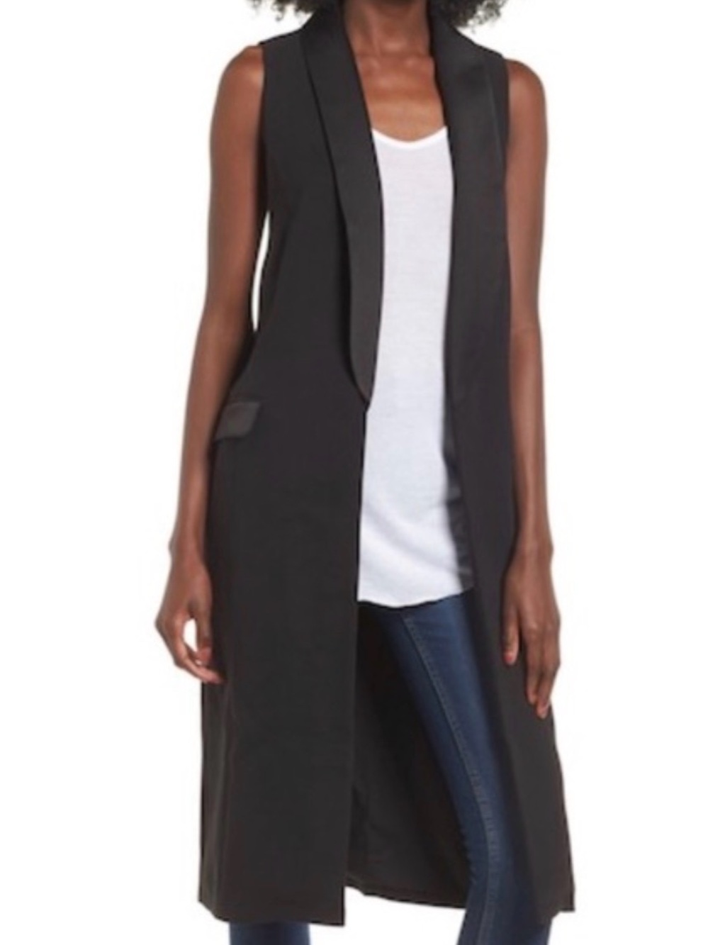 Leith Black Sleeveless Longline Tuxedo Vest Jacket, Small, Excellent Condition